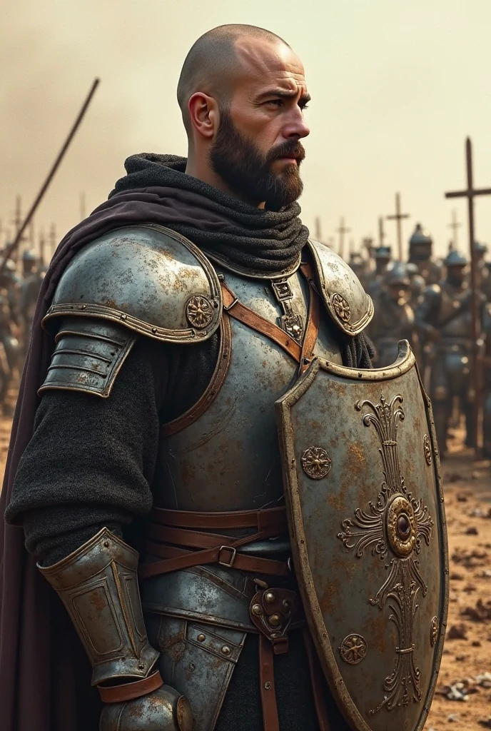 there is a man in a helmet and a beard with a sword, chainmail helmet, ancient slavic warrior, viking and templar aesthetics, ancient soldier, holy crusader medieval, medieval old king, medieval warrior, great king of stovokor, holy crusader medieval knight, wearing ornate helmet, wearing ancient cimmerian armor, invading army background