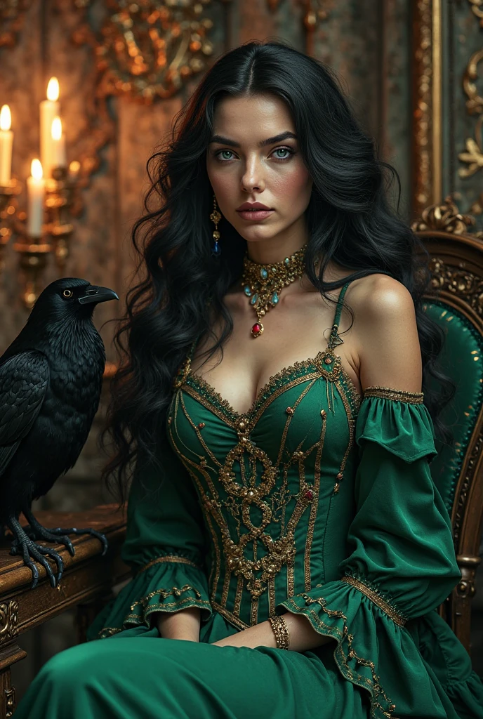 A captivating image of a mysterious entranced woman donning a stylish brooch adorned with an intricately designed butterfly and iris. The brooch subtly rests at the center of her high collar, accentuating her refined elegance. Her long, raven-black hair cascades down in loose waves, framing her striking, almond-shaped green eyes. The soft, enchanting glow of the moonlight illuminates her pale, delicate skin, while her full lips maintain an enticing pout. The rich, dark hues of her outfit complement the brooch, exuding an air of allure and seduction.