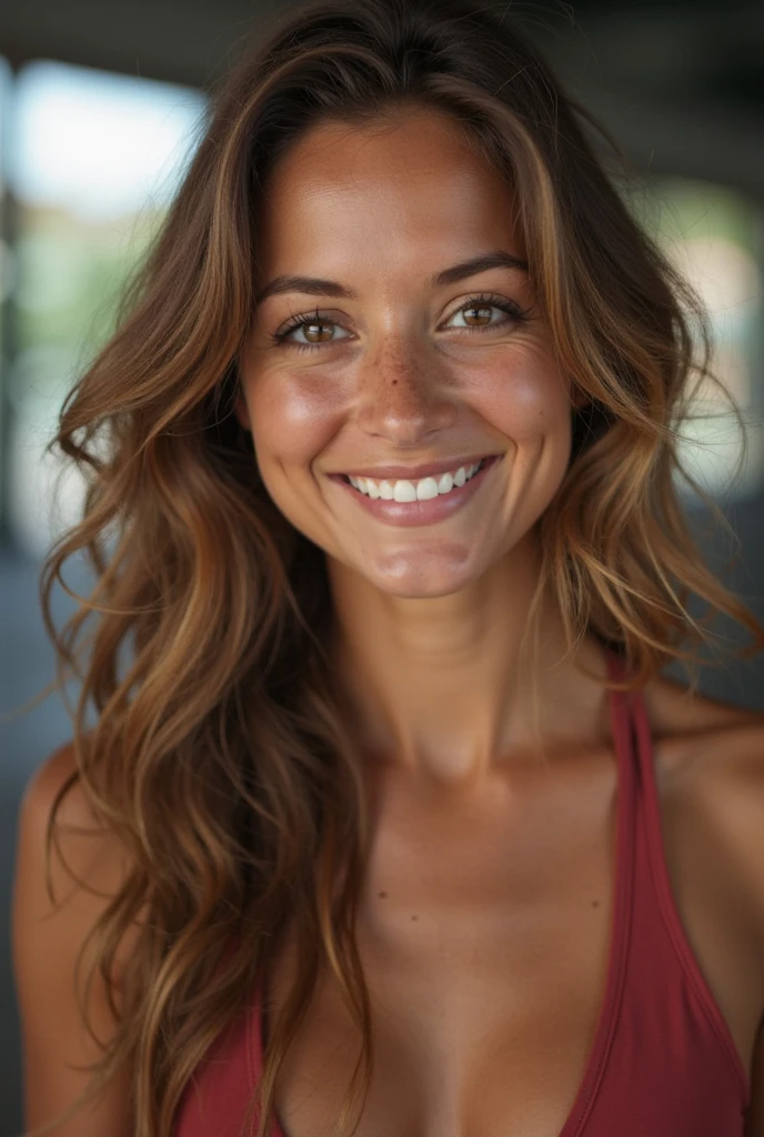 Woman. Long brown curly hair, slightly frizzy. Up in a messy bun. Brown eyes, caucasion. Smiling, dimples showing. Outside, on a hike. Wearing black shorts and a sports bra. Grainy photo quality, as if from phone.
