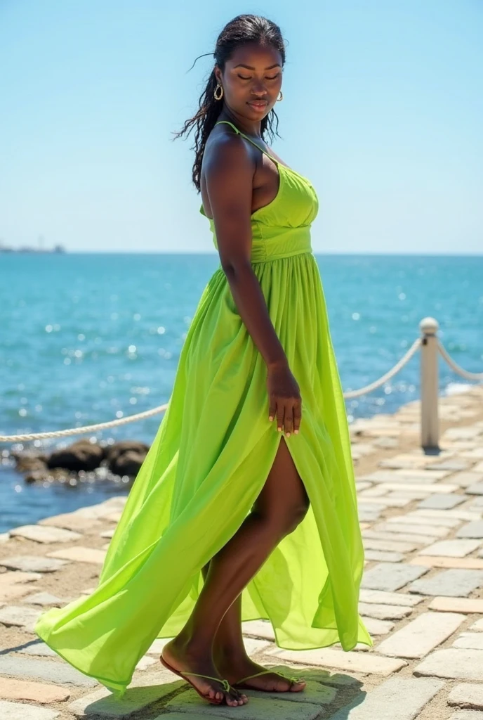 handsome girl, African american, long hair with braids, big eyes, red-lips, with tattoos, in a green silk art deco dress, gracefully fits a chic figure. Girl sitting on a rock on the ocean shore, night time, soft light of the moon and lanterns, light mist. Highest Quality, high detail, hyper realisitc, Hyperreal photo of, cinematic quality, high detail, Raw