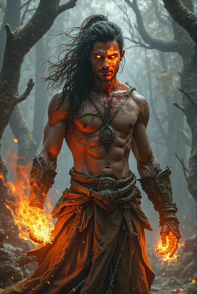 Male dark elf brown with glowing yellow eyes With black wavy hair With yellow burns and flames 