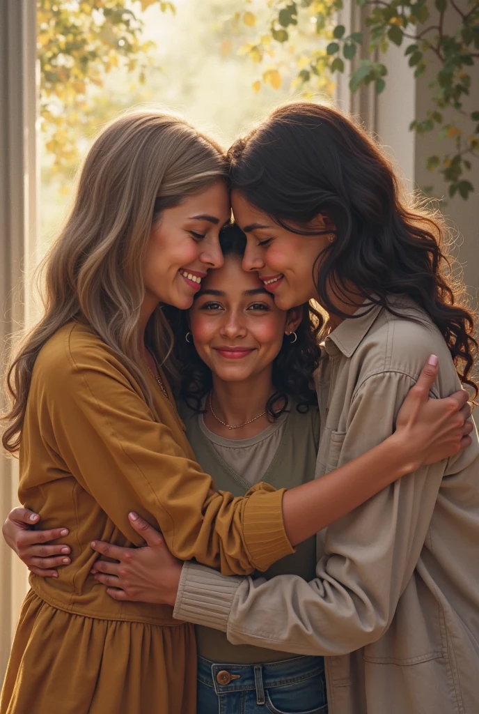 Drawing image of a mother and her two daughters, the brown haired mom, a curly daughter with dark hair, the other daughter straight honey blonde hair
