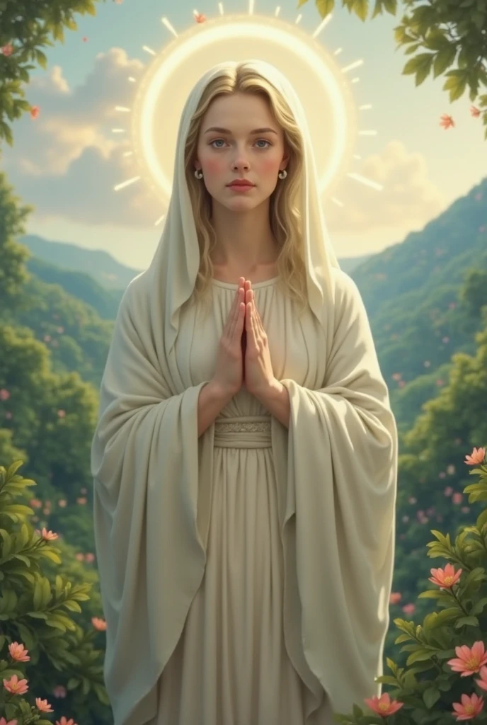 Stunning Mary of Nazareth, mother of Jesus, in a flowery park, blue sky and sun illuminating Maria, an angel from heaven blessing mary, 8k photo, divine countenance, Disney style Piar