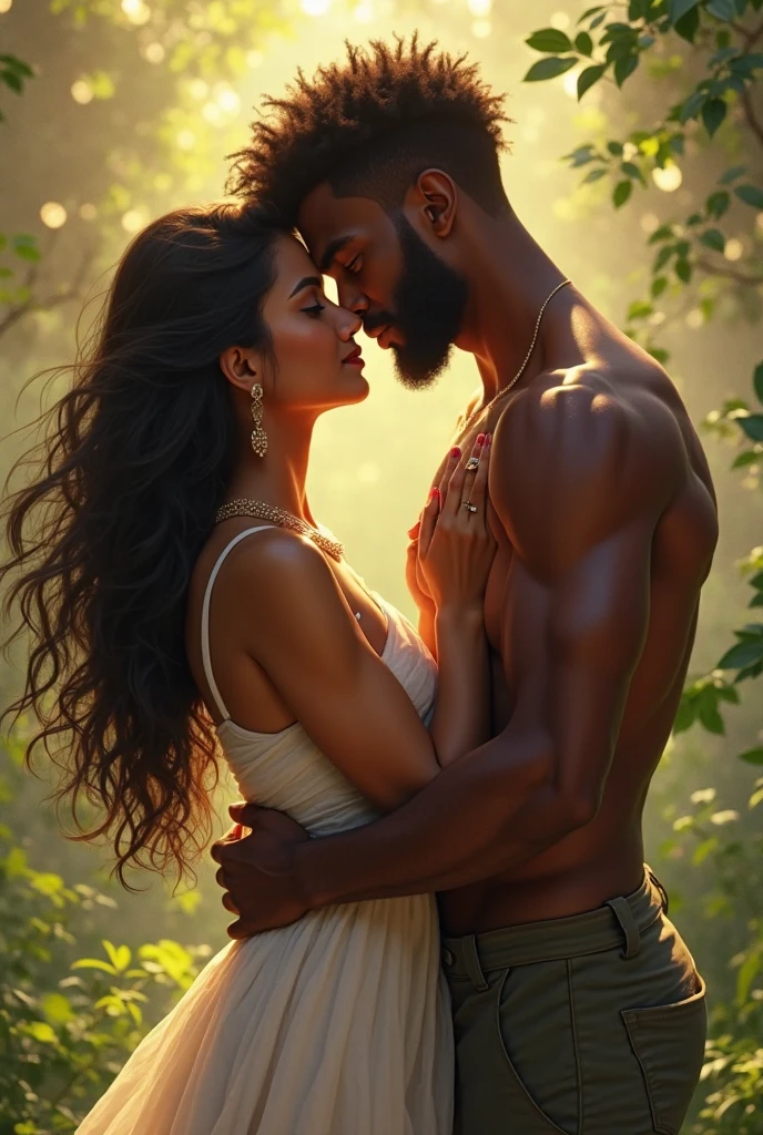 A very light skinned ,masculine, shirtless  indian man with beard romancing an Indian woman with brown skin who is wearing a black saree in a moonlit night 