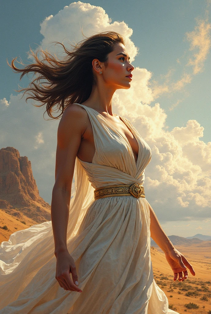 (masterpiece), cartoon, best quality，(photo_(medium):1.0), by Antonio J. Manzanedo, by Jeremy Lipking, lightning, in a surreal sand desert landscape, (sand storm).painting style with watercolor, Brushstrokes, black  eyes,colorful，vibrant colors,1 ultra hot gorgeous European woman. Auburn hair. Large breast. Cleavage. Casual clothes.