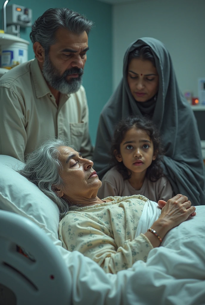 a poor muslim sad mother wearing hijab, holding a (sick child) in a poor hospital bed, (sad expressio) detailed face, photorealistic, 8k, high quality, realistic lighting, dramatic lighting, soft colors, muted tones, emotional, tender moment, medical equipment, hospital setting
