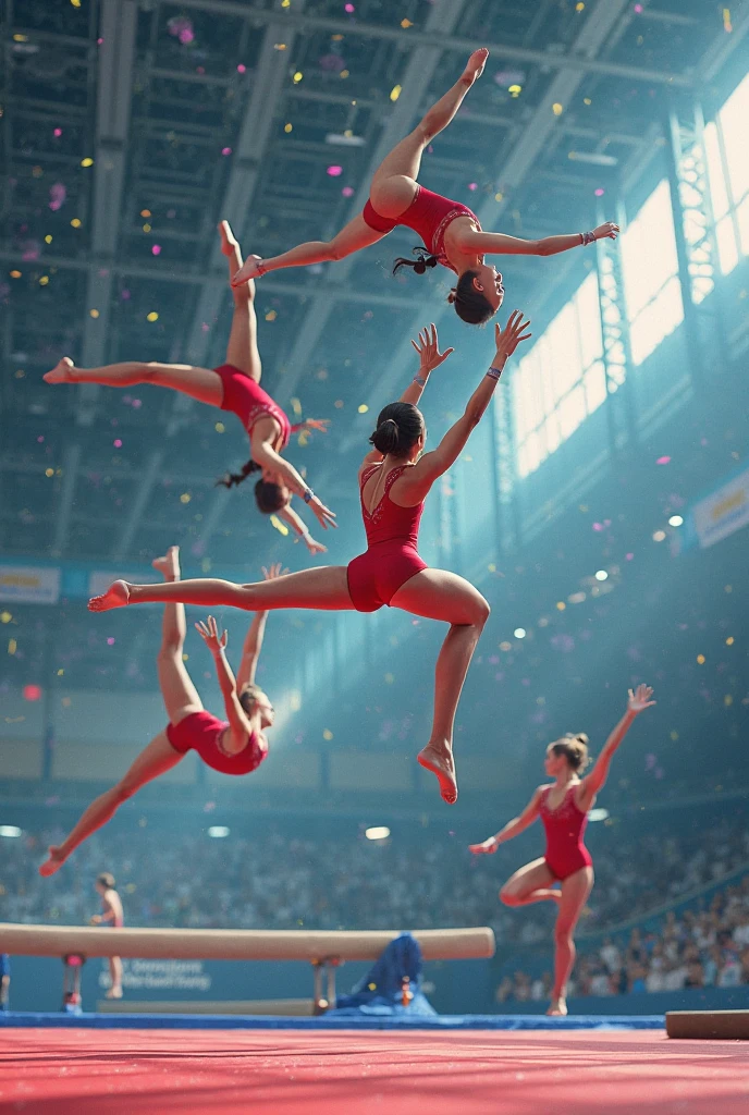Several women perform stunts on a pole in the gym, athletic fashion photography, sport photography, sport photography, high speed sports photography, award winning sports photography, ultra - high jump, athlete photography, extreme sports photography, stunning action poses, Photography from《Fashionab》Magazines, photo from the olympic games, extreme sports photography, neil leifer, jumpping，Lines，Go back