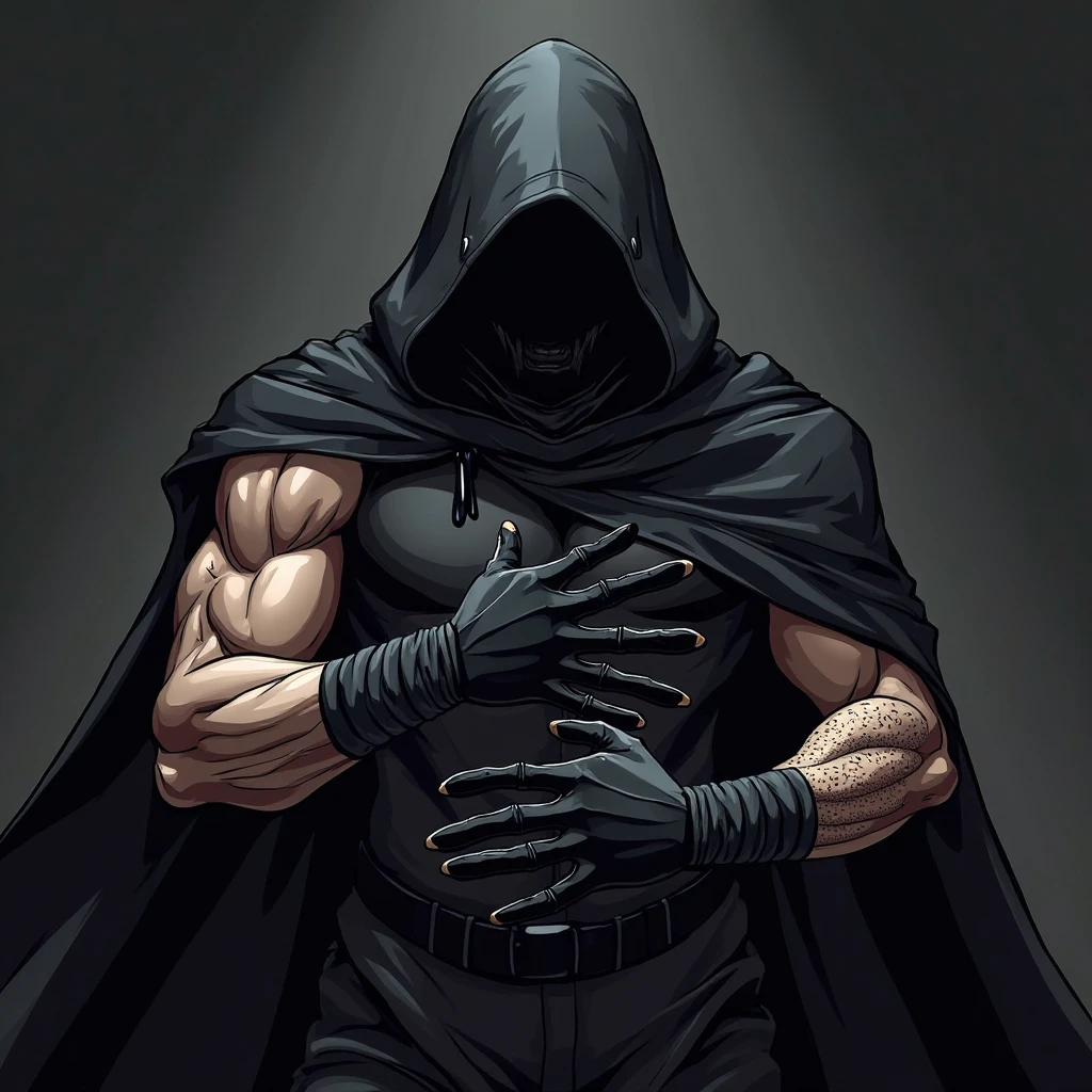 (a muscular man:1.1),(black hood:1.1),(chain around his torso:1.1),(angry expression:1.1)
