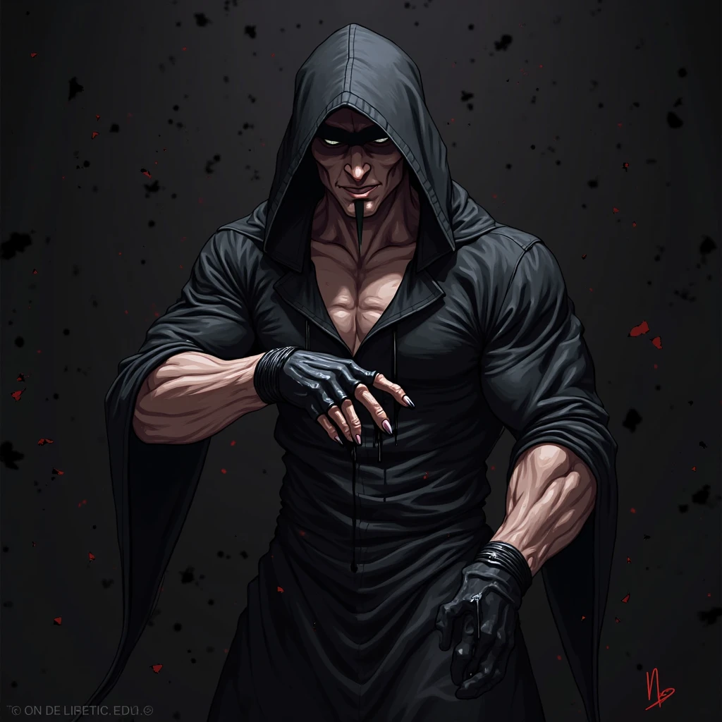 Male, mysterious, hood, shadowed face, pale skin, six pack, white jacket, manly 