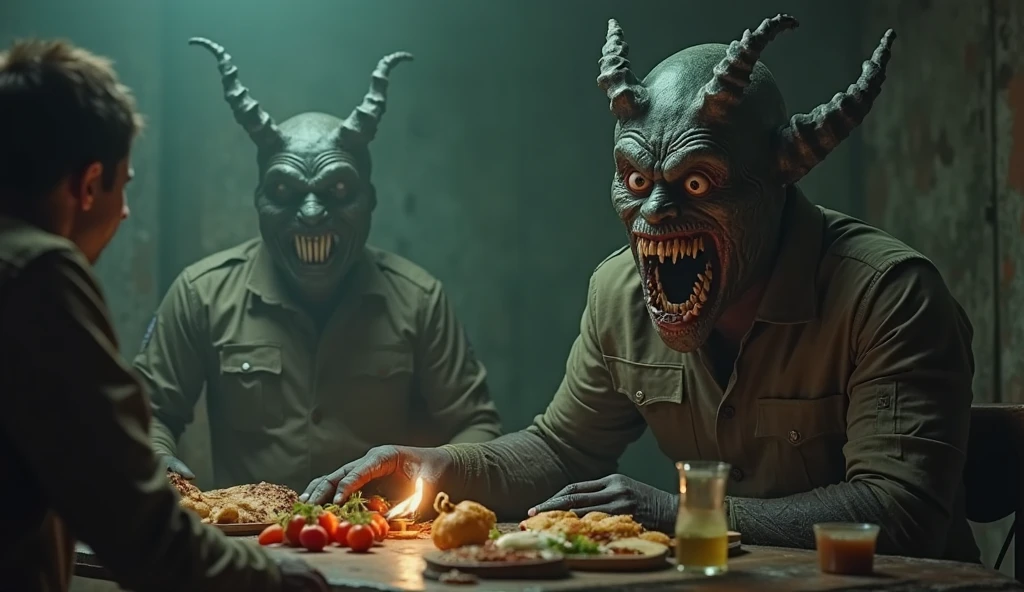 In a hotel dining area, four young adults, around 20 years old, are seated at a table, eating their meal. The floor is scattered with torn paper pieces. An elderly woman is cleaning near the table. One of the young men has a large red devil-like head and is angrily glaring at the old woman. The image is hyper-realistic, capturing the tense and unsettling atmosphere with vivid detail."