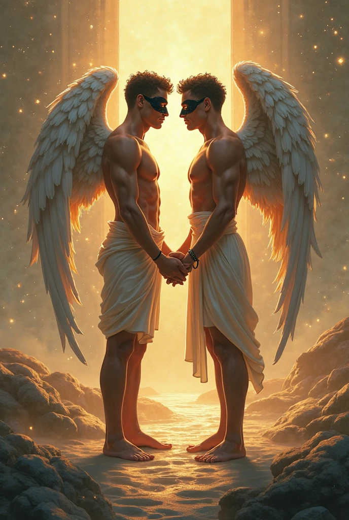 there are two men that are kissing in front of a moon, cinematic film still, shutterstock, film grain, ultra-photorealistic, eros and thanatos, muscular men romantically together, two muscular men embracing in each other arms, muscular male incubus with dark red horns, celestial god-like male angel with breathtaking angel wings, beautiful contrasting, intricate details, good and evil, demon versus angel, good and evil, romance novel cover, homoerotic, gay love, dark romantic fantasy, twilight atmospheric glow