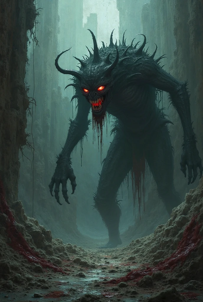 A creepy horror dark devil with blood on it and in the dark light