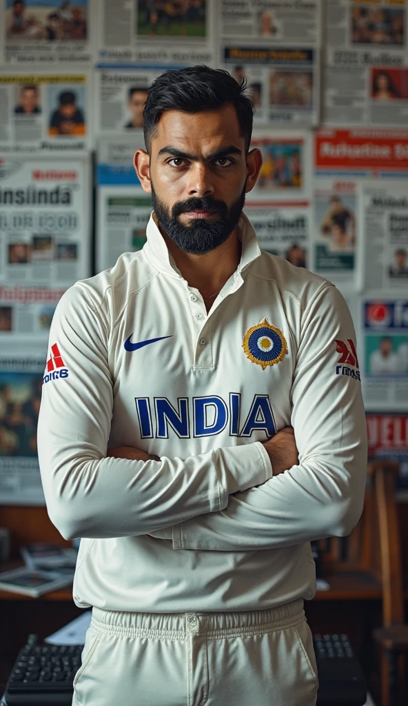 Base model of a handsome indian man, in the stadium, homoerotic, masterpiece, , handsome face, posing for photo shoot, ultra HD, 16k resolution, handsome face, beautiful eyes, messy hair, he is a cricket player, (wearing indian cricket team Jersey), penis
