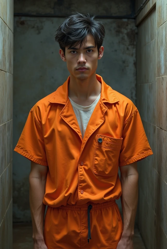 Pretty boy 21-year-old male model hot as fuck arrested in his orange prison suit drenched in water from getting hosed by the cops handcuffed make it hard time for him have him seated or on his knees hands behind back or in front of him but handcuffed by his waist.