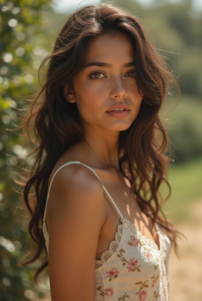 Realistic girl, ca. 165m 16 Jahre alt, braune Augen, braune Haare, Latina, realistische gesichtsstruktur, gut trainierter, but not too thin model body, beautiful realistic face, Portrait photo of the whole body, round breasts, schlank, Sitting on a bed in a cozy wooden house, das im wald steht, eher helles bild, Girl looks like Jenna Ortega, Wears a white crop top and white short hot pants