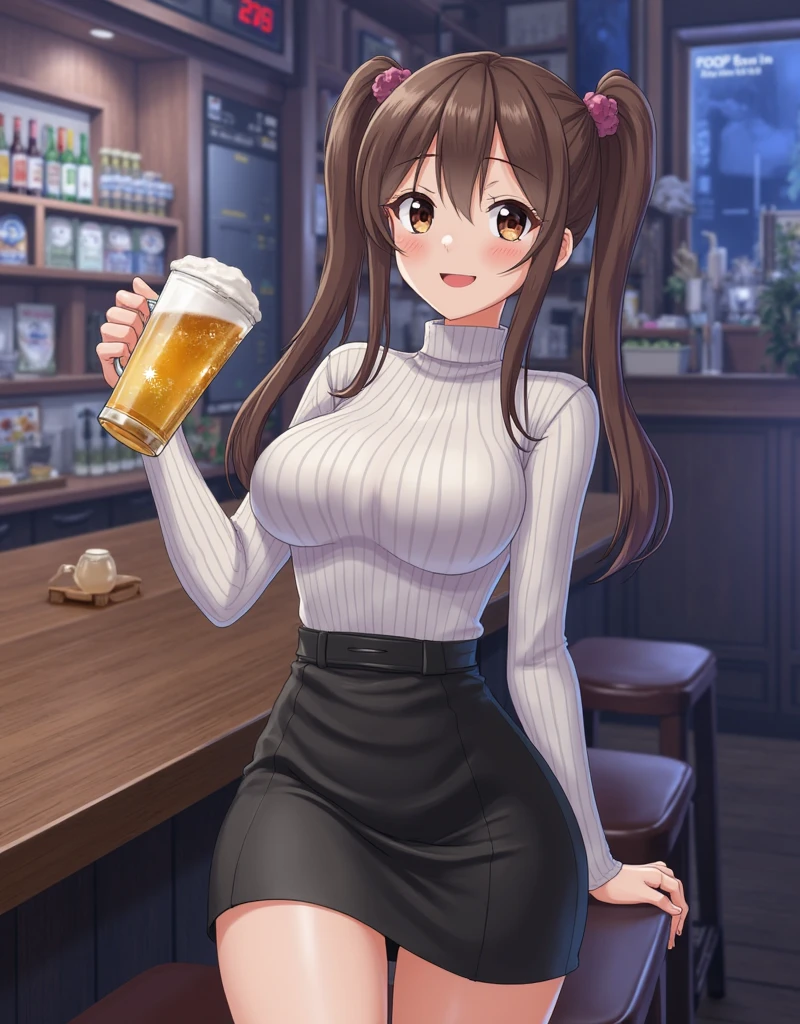 woman wear hooters logo orange and black latex shorter waitress hold beers service topless show nipples behind the bar with background bar big and naked pussy
