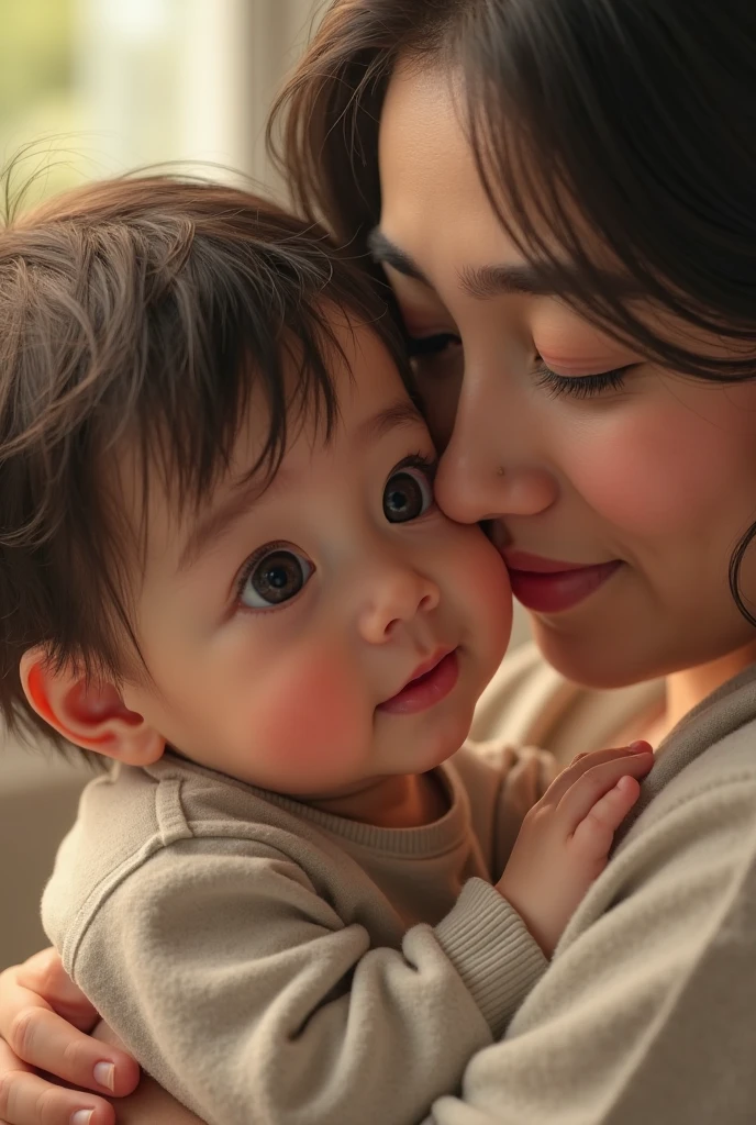 ((Highest Quality、masterpiece、high sensitivity、high definition、detailed depiction、depicting a delicate face、Fvalue:6.0),((Slender Woman、wearing glasses)),baby、bib、baby's pacifier