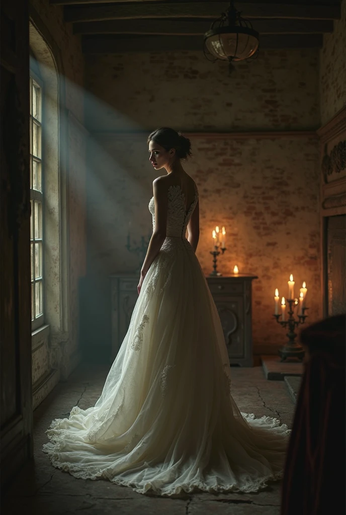 closeup shot, woman in a dress standing in front of a window, romanticism, in evening gown, flowing gown, wearing a flowing dress, mysterious woman, haunting beautiful young woman, wearing a white flowing dress, flowing dress, woman in dress, extremely moody red lighting,