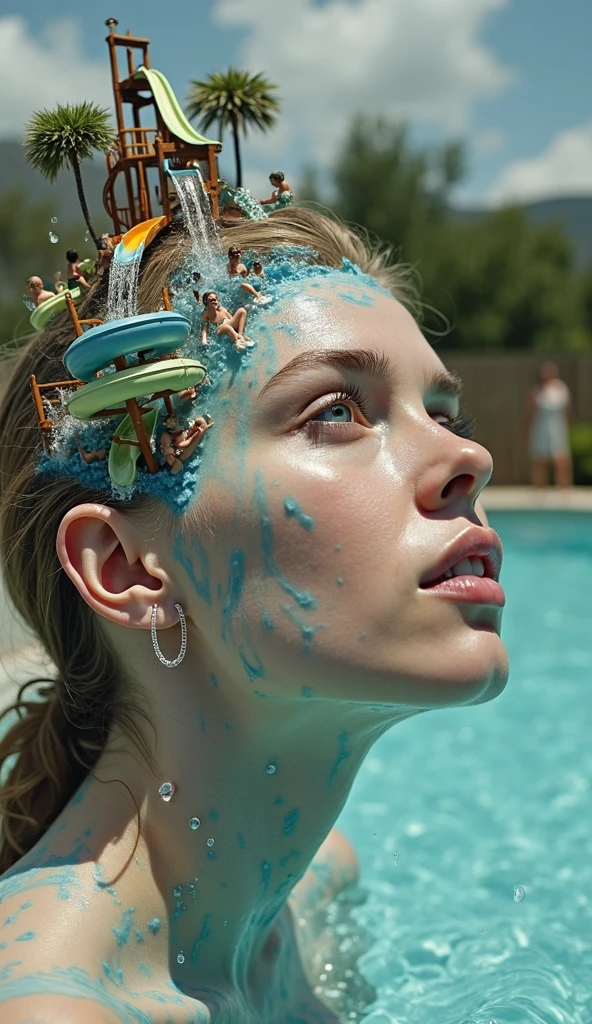 A woman's face looking up at a miniature water park set up on her head with people sliding down water slides in small pools, but while miniature, the water is flowing down her face—treated in the style of Agostino Arrivabene and Alyssa Monks....