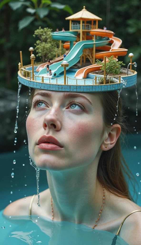 A woman's face looking up at a miniature water park set up on her head with people sliding down water slides in small pools, but while miniature, the water is flowing down her face—treated in the style of Agostino Arrivabene and Alyssa Monks....