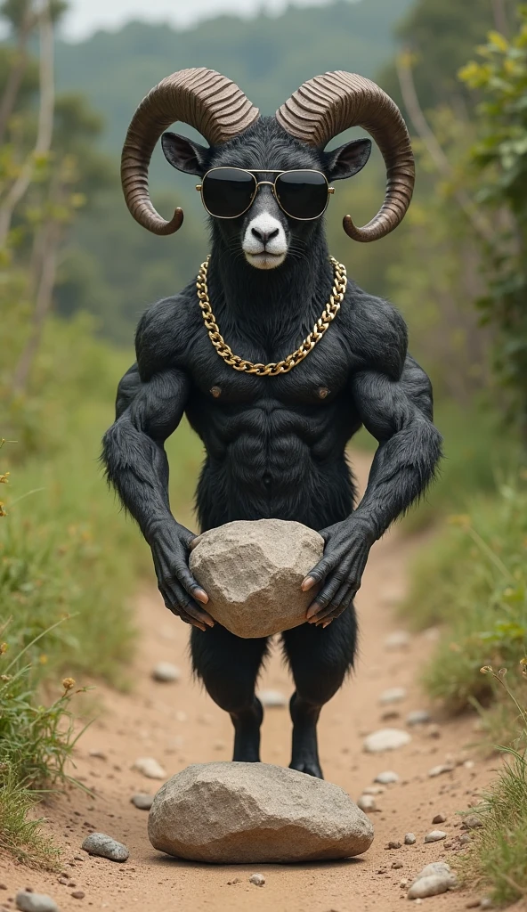 He acts as a professional illustrator and creates an image of a man with a goat&#39;s head, that he has his torso bare and a necklace of animal fangs, with baggy pants and sneakers dancing breakdance, while holding a Latin American indigenous staff with decorative feathers in one hand and a wireless microphone in the other.