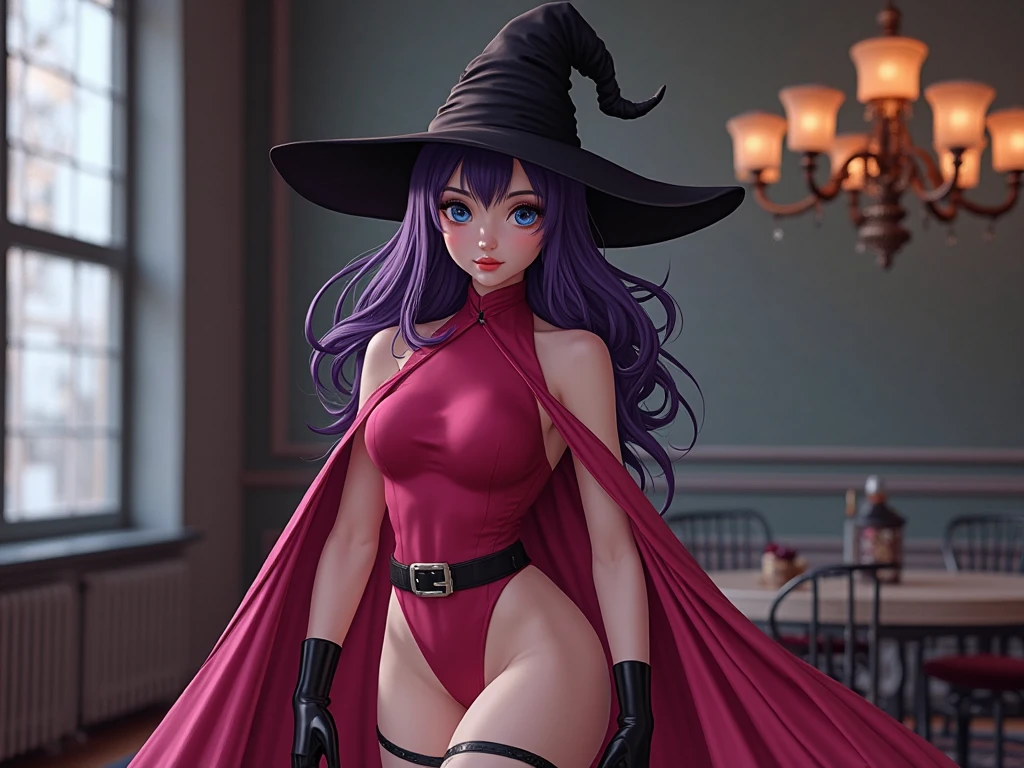 witch, witch hat, long red hair, tattooed arms, purple eyes, vampire teeth, lying on a bed, sensual position, short clothes, best quality, good anatomy, detailed face, 4k, masterpiece, detailed eyes