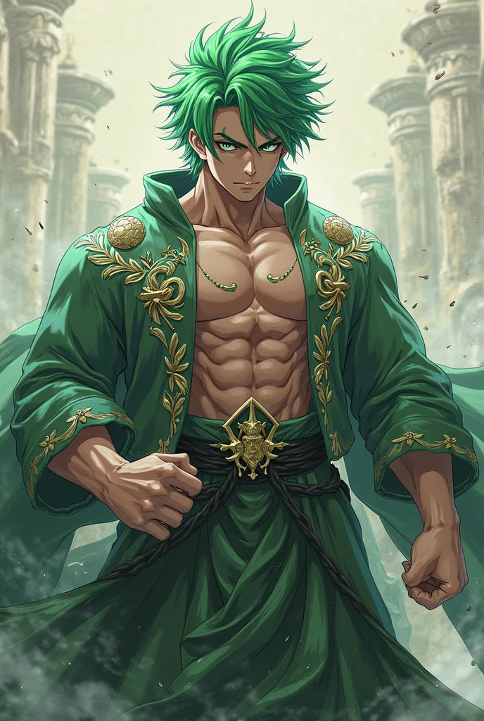 masterpiece, super fine illustration, extremely detailed, 1 boy, ((cool)), ((handsome)), ((pride)),flat background, full body, standing, extremely detailed face and eyes, 、The boy, short hair, ((green hairr)), flaxen hair、green colored eyes、Wearing a long black cloth、wearing black boots、