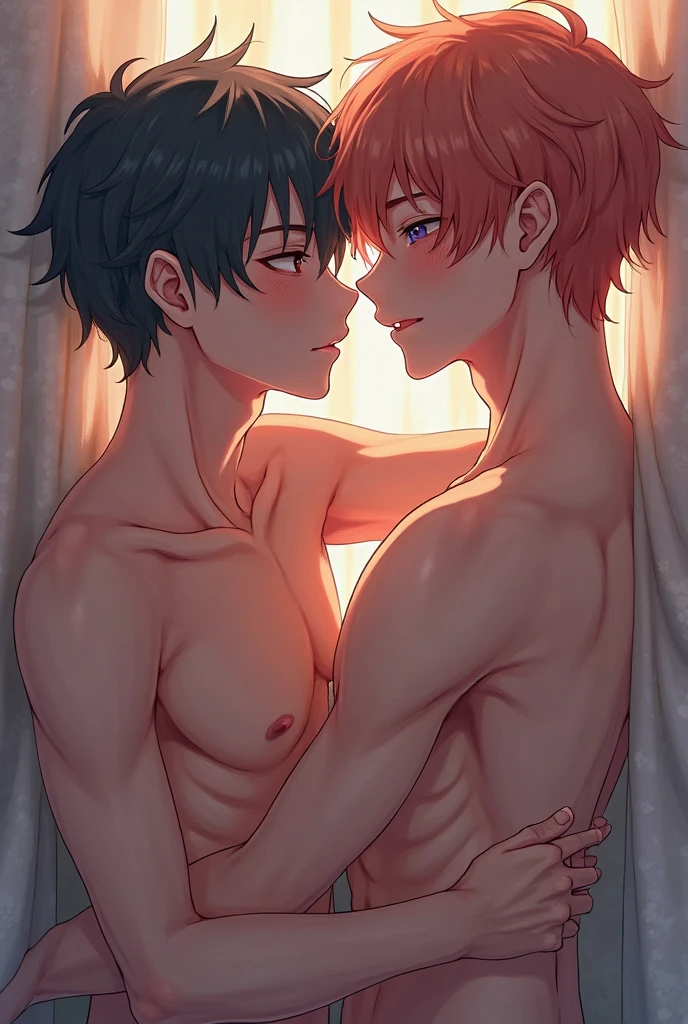 2 boys ,red hair hair ,blue eyes ,swim trunks ,shirtless ,high quality ,masterpiece ,beach ,kissing ,night