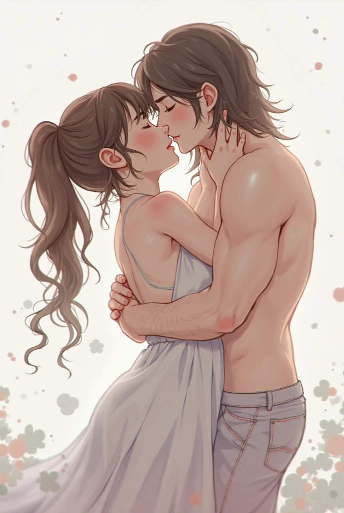 I would like to get an anime-style image of a couple consisting of a man with long curly chocolate hair and a tattoo, stripped to the waist, kissing a woman with long curly brown hair tied in a ponytail on top of her head and in green lace underwear, she hugs him around the neck.