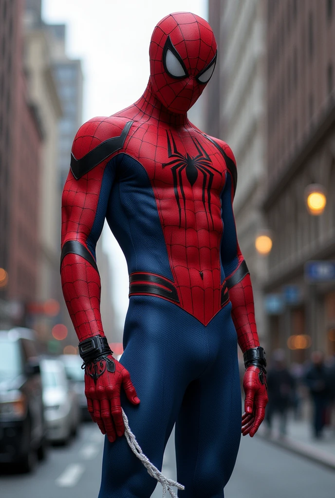 masterpiece, best quality, spider-man costume, nomask, 1boy, blonde hair, blue eyes, standing, new york background <lora:Spider-Man Costume_v1:1>