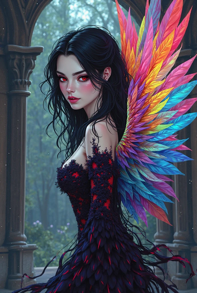 A female with medium breasts, slim body, cleavage, bare shoulders, black hair, colored flowers bed, particles, light rays, (masterpiece, top quality, best quality, official art, beautiful and aesthetic:1.2), (1girl:1.3), extremely detailed,(fractal art:1.1),(colorful:1.1)(flowers:1.3), highest detailed,(zentangle:1.2), (lie down pose), (armpit), (abstract background:1.3), (shiny skin), (many colors:1.4), (earrings:1.4), (feathers:1.4), (tight night dress:1.2), (shiny skin), (many colors:1.4), (earrings:1.4), proper eyes. slight smile, sweet, beautiful.