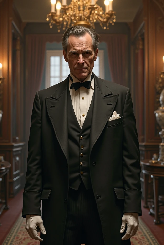 Make a 19th century nobleman standing in a dimly lit ballroom in formal Victorian attire, 60 years old, overweight, heavyset, unattractive, short hair. His posture should be authoritative, regal and imposing. His eyes are stern and commanding.