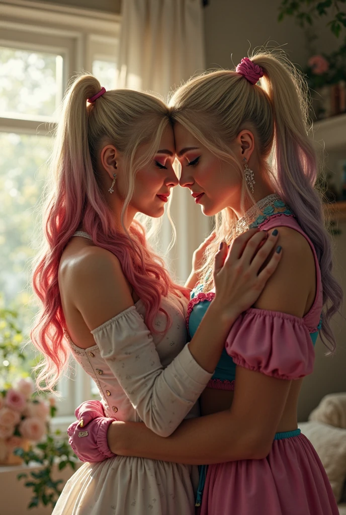 Confetti photography, Two blonde curvy girls(very busty, very pale skin(porcelain skin), Long platinum-blonde-hair(styled combed-back, with big intricate devil-horns)), Dressed in a sultry demonic-inspired outfit(semi-transparent and features soft, flowing fabric that adds to her gentle and innocent appearance).
They are depicted making a classic "kawaii" pose with their hands(One hand is placed under her chin in a V shape, and the other hand is raised slightly)-their fingers near her face.
Standing with one leg slightly bent and the other straight. their ankles are turned outward and her toes are pointed downward. Muted colors, backlit by soft, through sheer curtains framed the photography, they are surrounded by lush plants.
((Add confetti(in vibrant colors)to create a celebratory and festive atmosphere.))
.
Vibrant, light-orange and bright-pink (neon colors), orange and pink ambient theme.