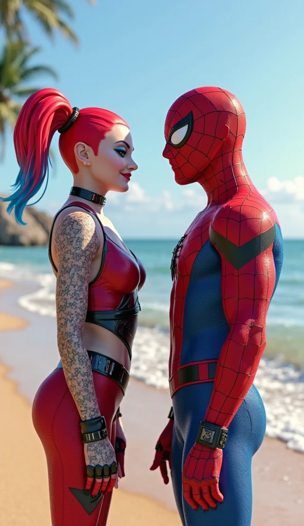 struggle, Harley Quinn Girl, she is wearing panties, and red sneakers, lifts spiderman with his hands. Holds Spider-Man in his arms, ring of the ring, view from the back, full length