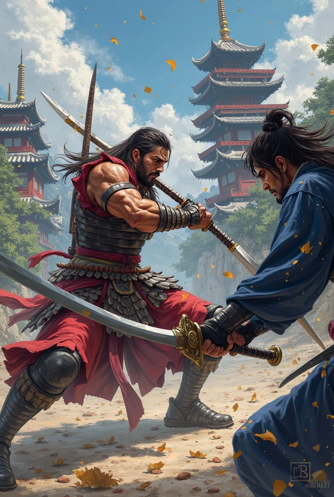 2d image of a samurai without armor, a black belt in jiu-jitsu choking another armored samurai with a sword