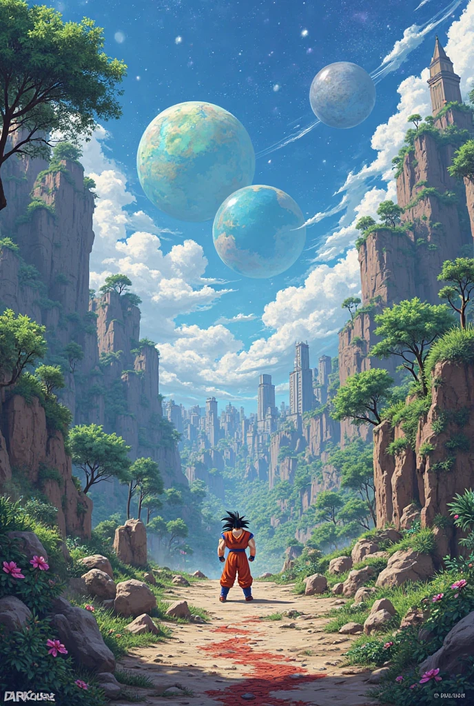 Make a planet where the straw is blue and the water is green (The trees are also blue*
The water is green, Goku appears, unleashes all his ki and transforms into SSS, a clay villain attacks him but instead he stains him and Goku laughs, then Goku becomes serious and makes him disappear from existence with a Hakai. Then Goku goes to eat a lot and becomes very happy.