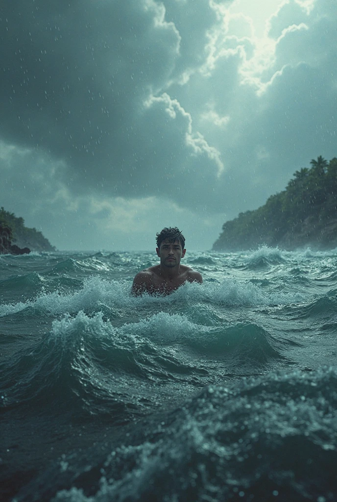 A person in the middle of de ocean at night panicking