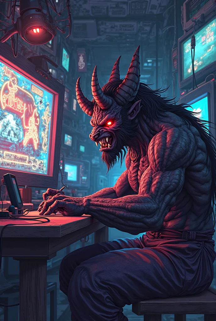 ((best quality)), ((masterpiece)), (detailed:1.4), ((full body)), Enhanced dynamic perspective, Evil alien creature invasion, with goat face, Hold the keyboard, Come to me, Future sci-fi city street, Street photography, Bright colors, dream magical, optic, high quality, super-fine, Detailed pubic hair, Accurate, Cinematic lighting, OC renderer, SFW