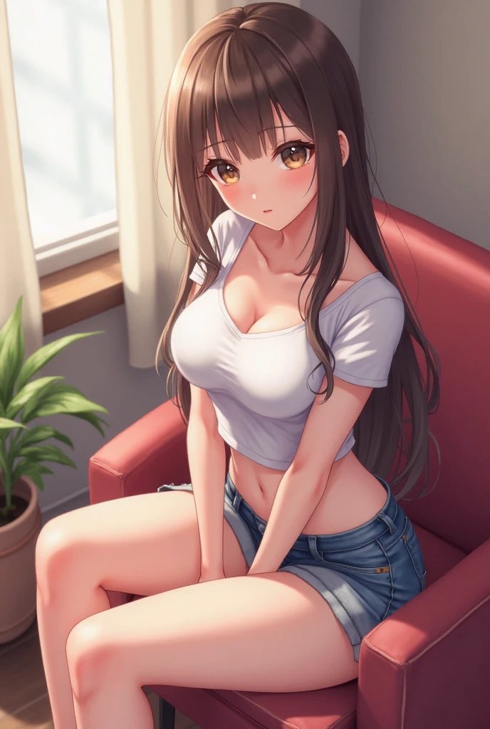 1girl, , breasts, censored, penis, mosaic_censoring, futanari, , testicles, brown_hair, cum, solo, open_mouth, shorts, erection, denim_shorts, one_eye_closed, baseball_cap, blue_eyes, large_breasts, masturbation, denim, long_hair, blush, large_penis, navel, sitting, indoors, black_vest, vest, underboob, projectile_cum, teeth, short_shorts, covered_nipples, shirt, thighs, futanari_masturbation
