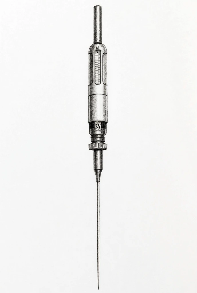 A Kirk micropipette is drawn to show a thin, elongated tube with a pointed tip at one end. The body of the micropipette is typically narrow and tapered, resembling a small, hollow needle or glass tube. The pointed tip allows for precise handling of very small volumes of liquid. The drawing might also include a plunger or control mechanism at the opposite end for controlling the liquid flow.