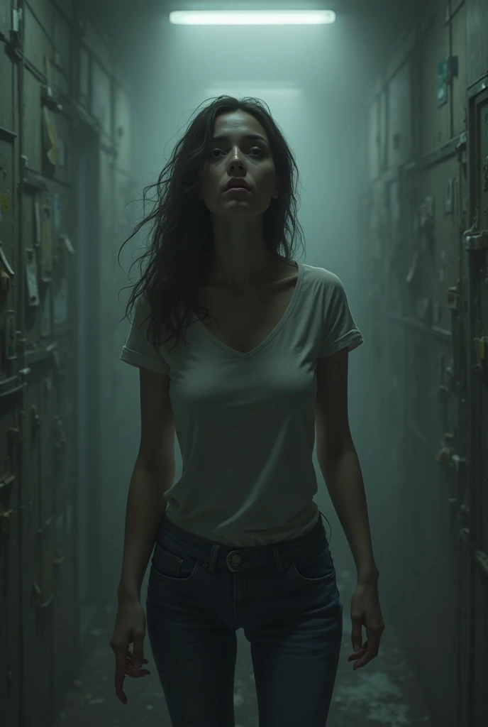 exhausted in tights in leggings. in the topic. very thin skinny girl. fabulously long thin legs in heels. flies above the ground. in the illuminated bedroom flies. aura of magic around the body glow. face is scared. covers her chest with her hands.