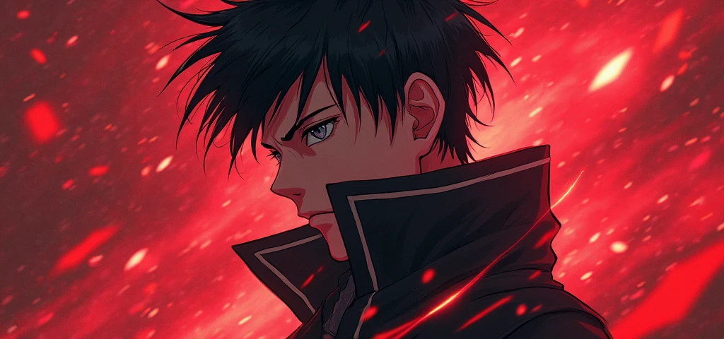 masculine man, high , muscular , armadura negra de metal sin casco y capa de color rojo, short black hair combed back and Red eyes ,24 years old