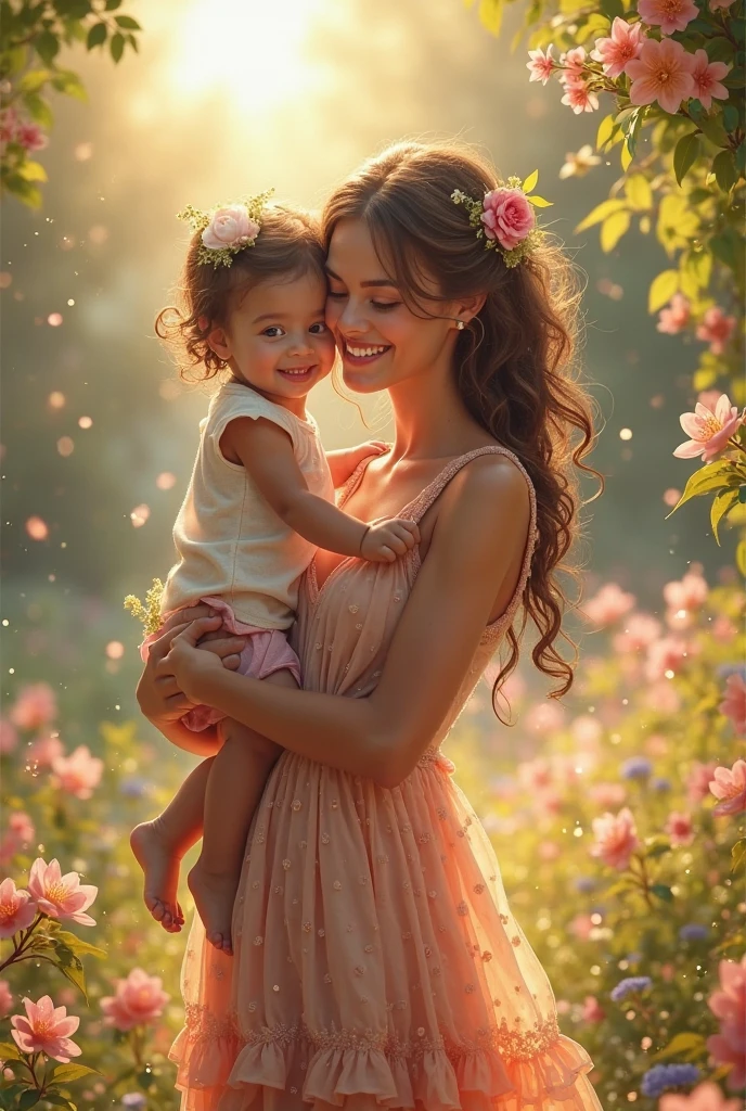 Postcard on an International Mother's Day, beautiful colours, nice picture of a Mother and her ???, flowers in background.she wearing a beautiful white dress with a strip of Ethiopian flag