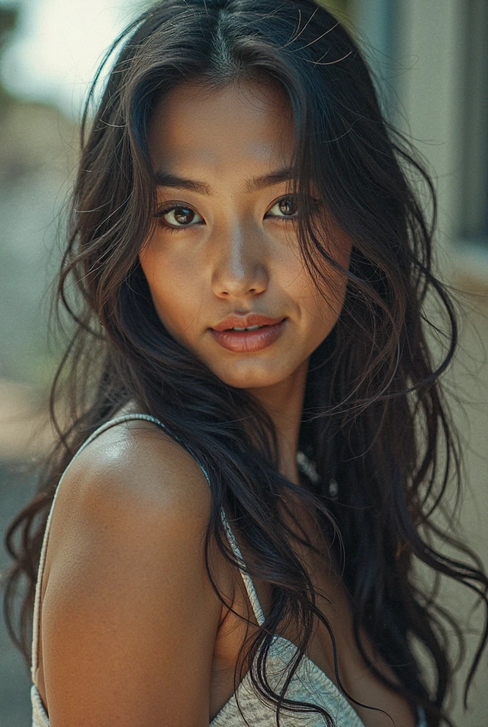 Gesichtsportrait, asiatische Frau, 24 Jahre, lange Haare, (schwarze Haare), ((natural eye color)), ((smooth fine natural skin)), experimentelles Makeup, athletic body, artist, Vintagekleidung, Tageslicht, DSLR Kamera