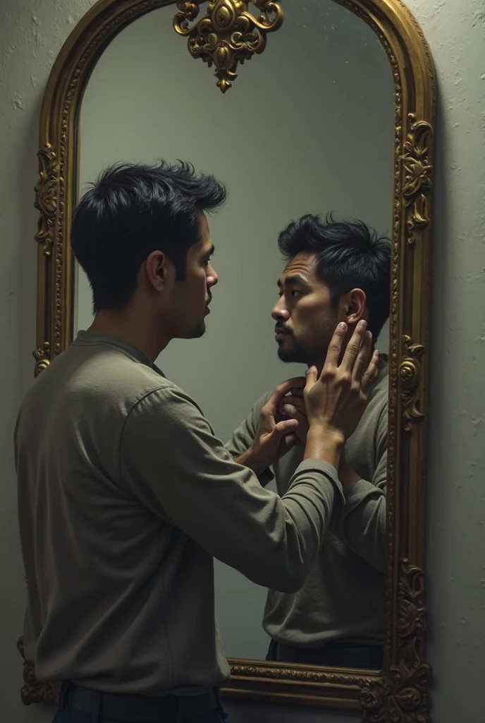 best quality, masterpiece, hyper realistic, extremely detailed, reflection of two stocky asian men, in gilded mirror, half body, fill frame, extremely romantic atmosphere, dark cinematic lighting, extremely dramatic shadows, no background, perfect face, perfection, no signature, no logo