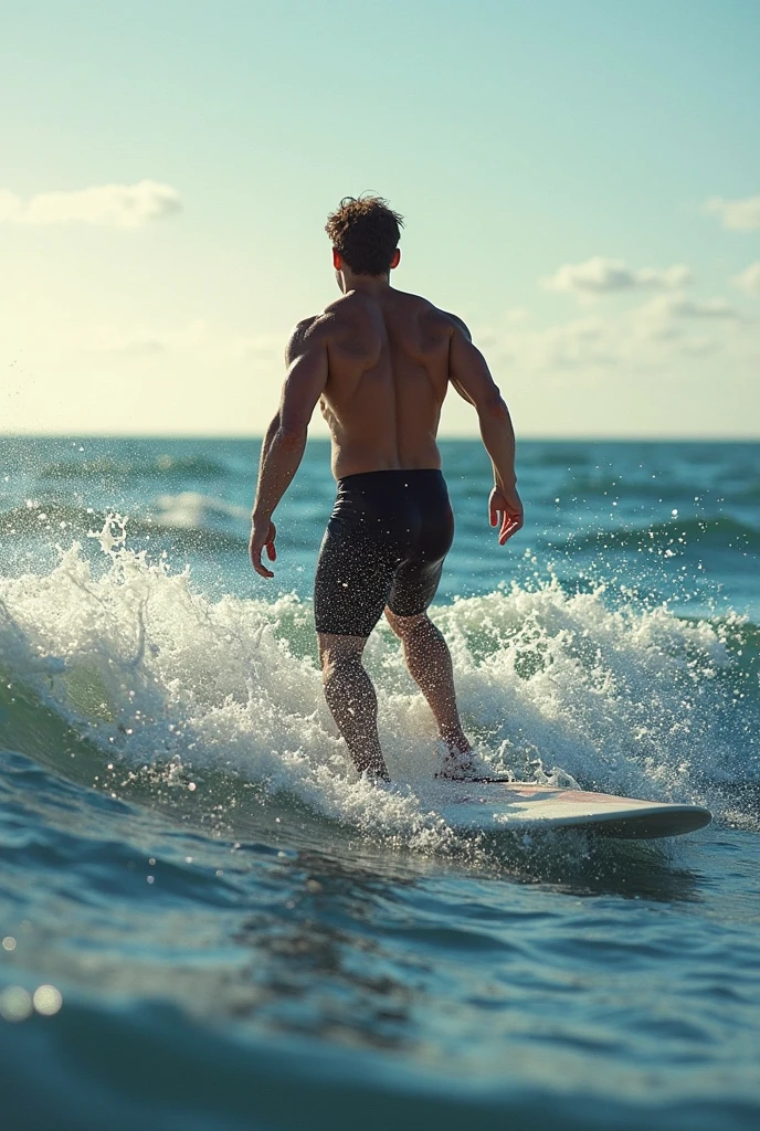 Cinematographer, Masculine perfection, strong jawline, labios carnosos, nariz romana, Cabello rubio, Ojos color avellana, hiperrealista, 8K --v 4 cuerpo completo en la playa con tabla de surf