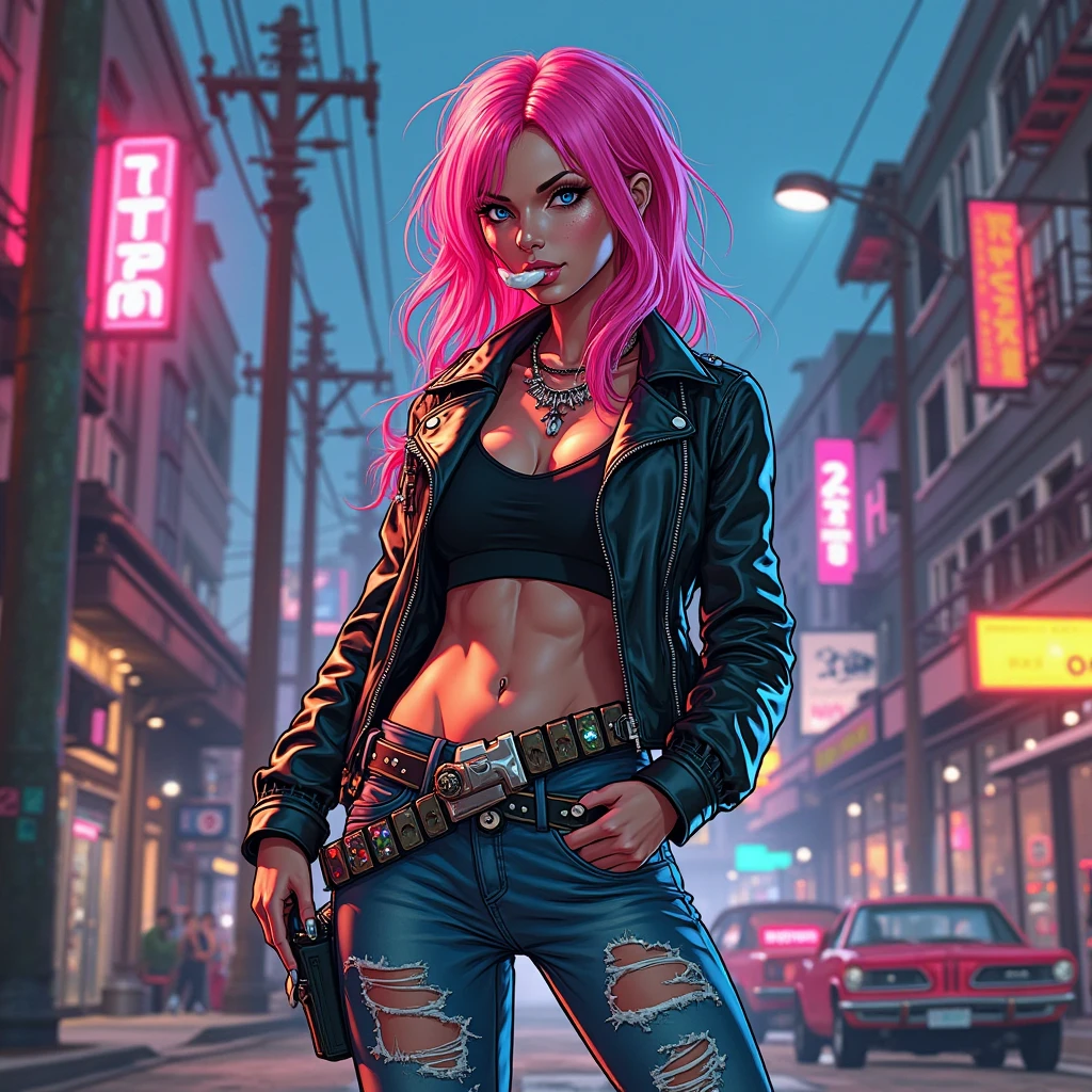 Mean Girl, a mean girl, (Hipster bad pin-up girl with shorts:1.2), chopper bike, chilling, neon punk city background, 8k, concept art, by Greg Rutkowski, (perfect anatomy:1.5) , high contrast, digital, clear focus, cinematic, intricate details, darkly comedic,
