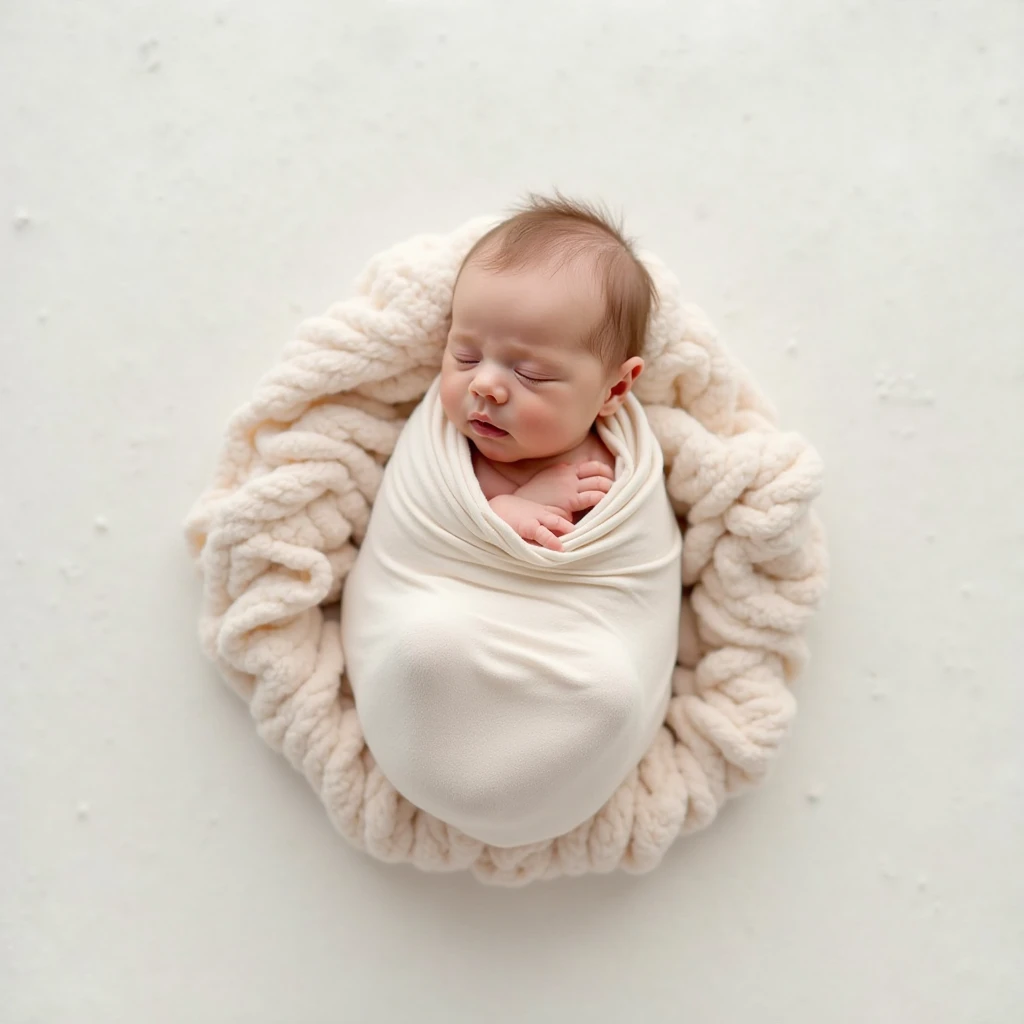 The newborn baby is plump and lying in lacy clothes.