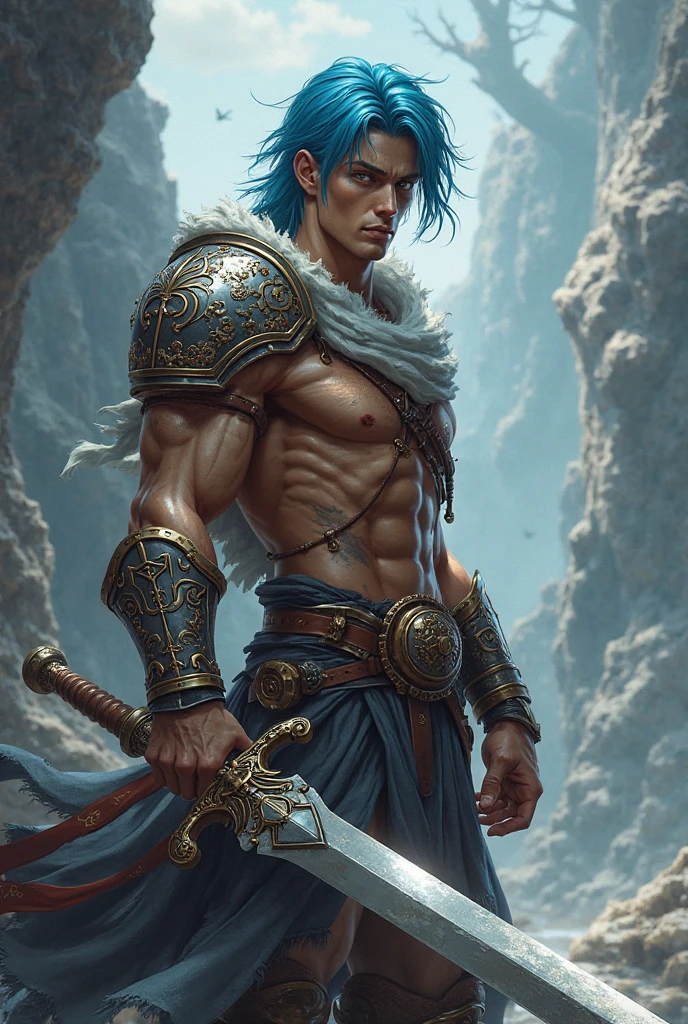 Fire Emblem, Strength, muscular, unclothed, handsome, blue hair, sword, cara bastante handsome, cara de calamardo handsome, calamardo meme, calamardo handsome