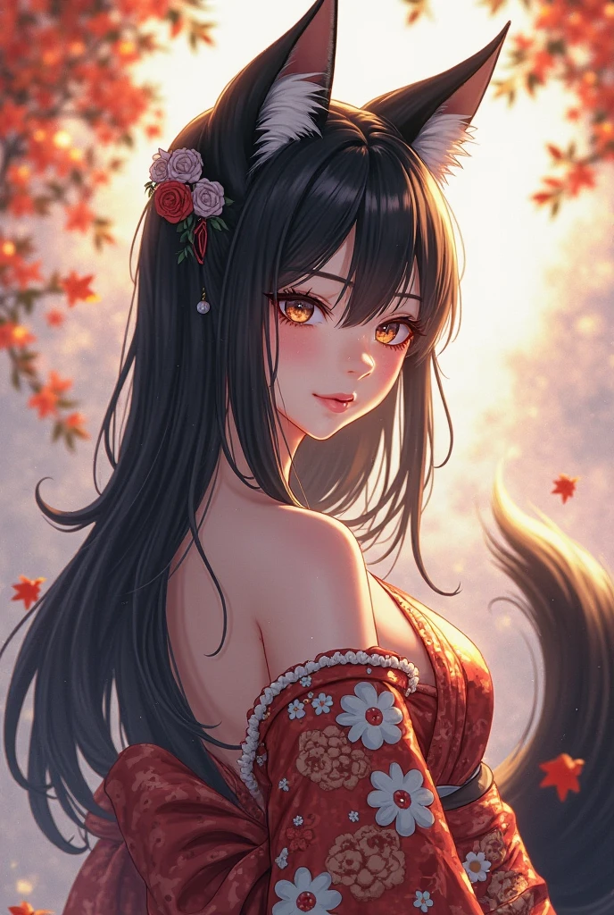 nine tailed girl, blue and green eyes, corpulent, full lips, long bluish black hair, black wolf ears, black white and red shoulder-to-shoulder yukata kimono.